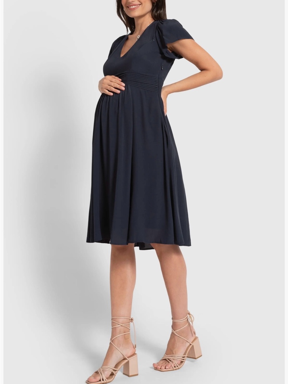 Seraphine Blue Maternity A Line Dress  Nursing Friendly Flutter Sleeve Size 8